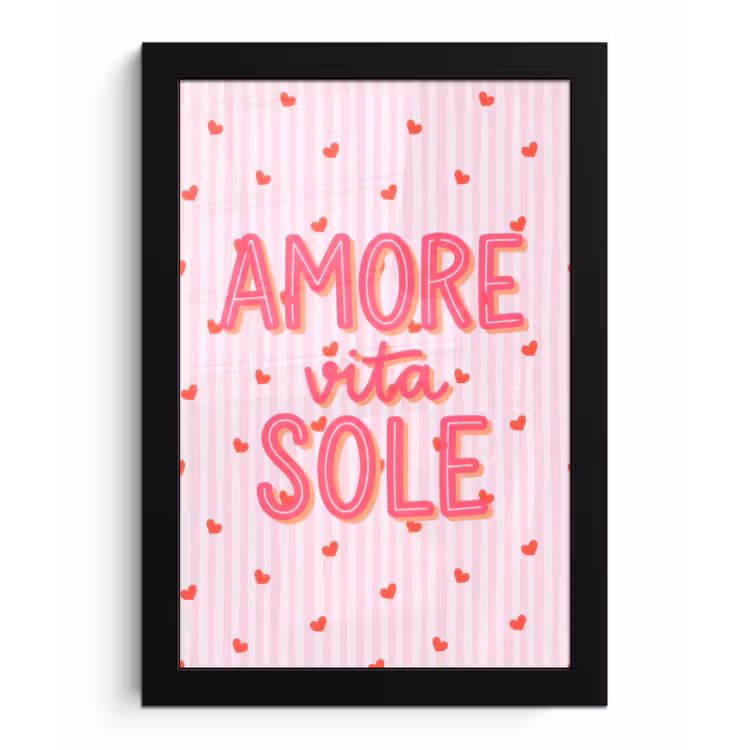 Amore vita sole - Roze - Hartjes fotolijst zwart zonder passe partout klein -3d