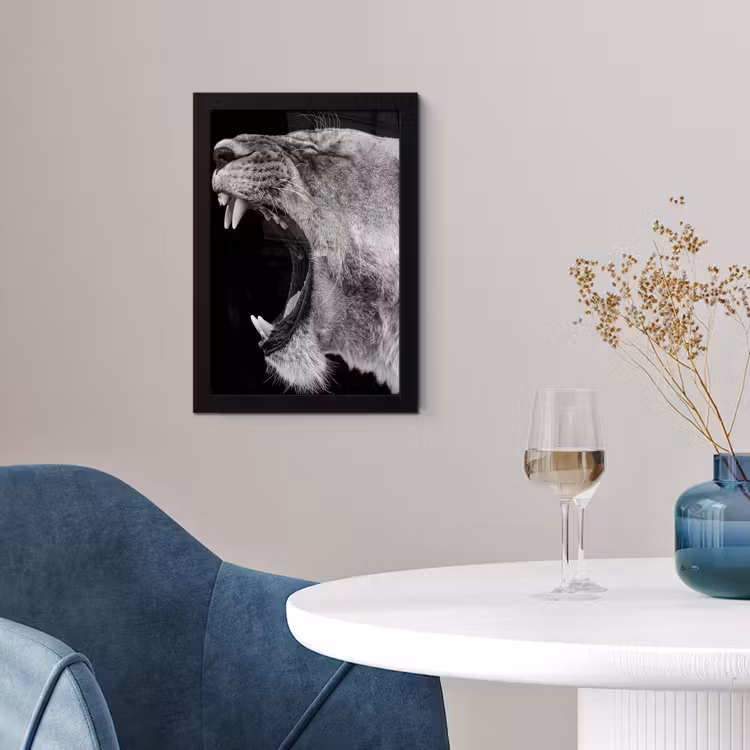Dieren - Leeuw - Zwart - Wit - Portret fotolijst zwart zonder passe partout klein -sfeer4