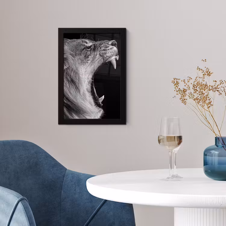 Dieren - Leeuw - Zwart - Wit - Portret fotolijst zwart zonder passe partout klein -sfeer4