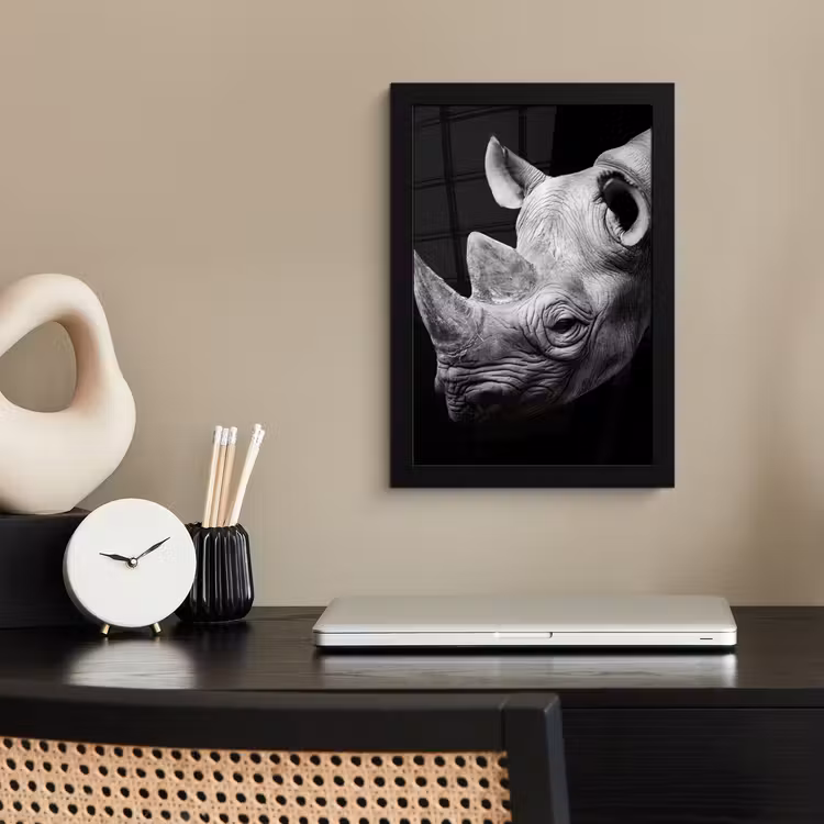 Dieren - Neushoorn - Zwart - Wit - Portret fotolijst zwart zonder passe partout klein -sfeer1