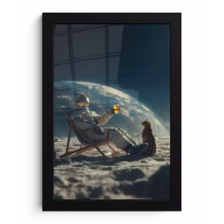 Astronaut - Kat - Glas - Stoel fotolijst zwart zonder passe partout klein -3d