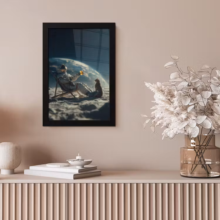 Astronaut - Kat - Glas - Stoel fotolijst zwart zonder passe partout klein -sfeer5
