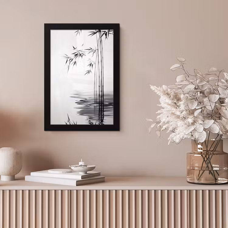 Bamboestammen - Water - Minimalistisch - Wit fotolijst zwart zonder passe partout klein -sfeer5