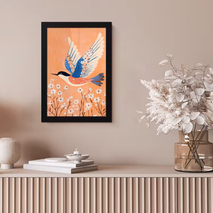 Vogel - Bloesemtakken - Warm - Kleurrijk fotolijst zwart zonder passe partout klein -sfeer5