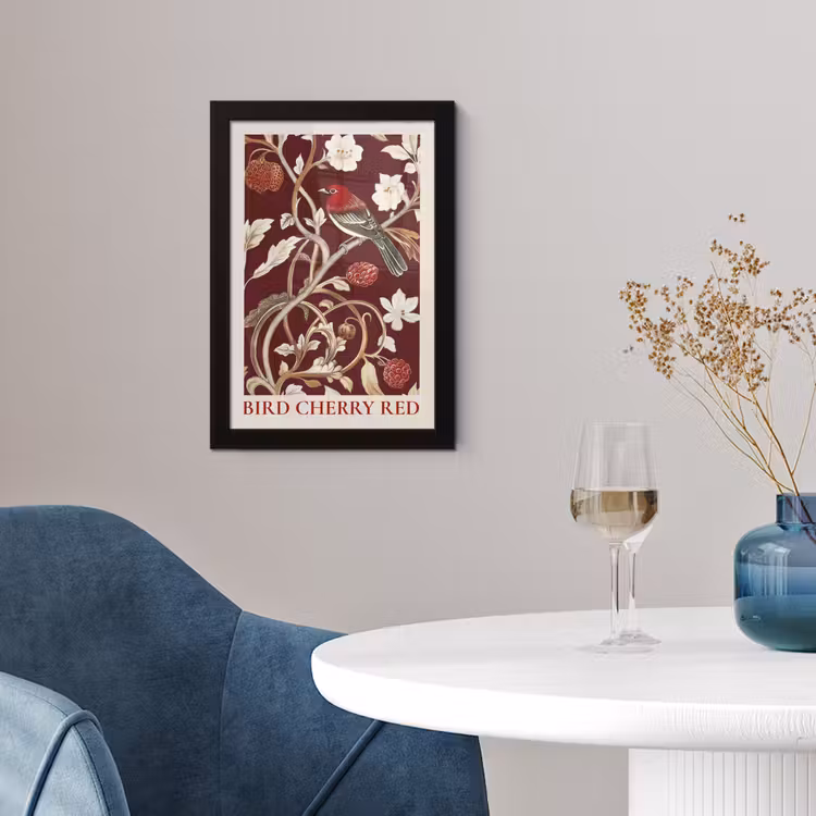 Vogel - Bordeaux - Bloemen - Bessen fotolijst zwart zonder passe partout klein -sfeer4