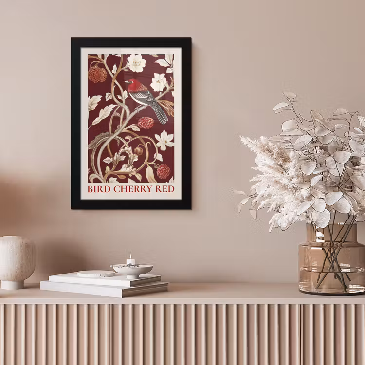 Vogel - Bordeaux - Bloemen - Bessen fotolijst zwart zonder passe partout klein -sfeer5
