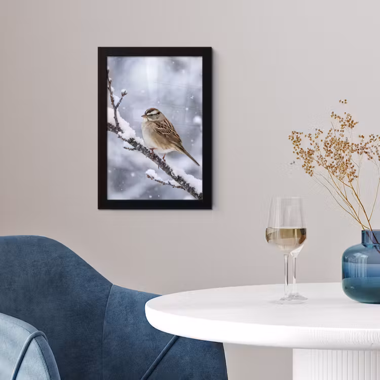 Vogel - Tak - Sneeuw - Winter fotolijst zwart zonder passe partout klein -sfeer4