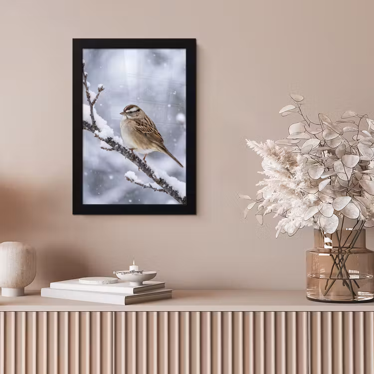 Vogel - Tak - Sneeuw - Winter fotolijst zwart zonder passe partout klein -sfeer5