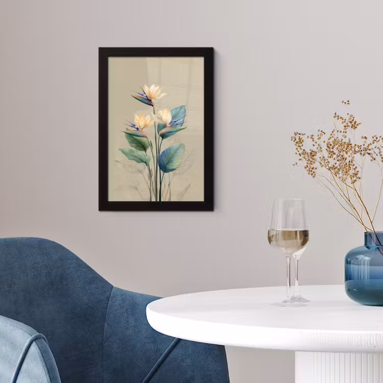 Paradijsvogelbloemen - Blauwgroene bladeren - Beige fotolijst zwart zonder passe partout klein -sfeer4