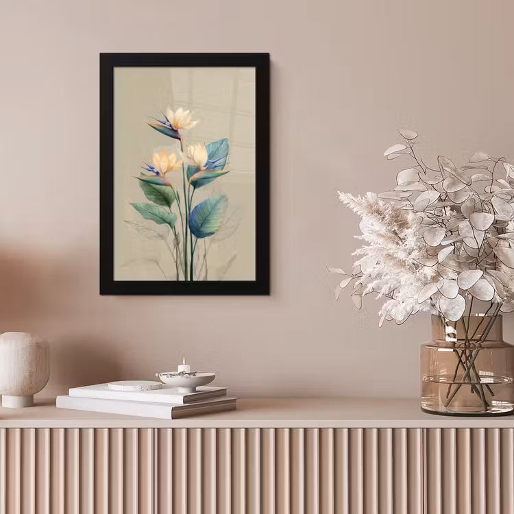 Paradijsvogelbloemen - Blauwgroene bladeren - Beige fotolijst zwart zonder passe partout klein -sfeer5