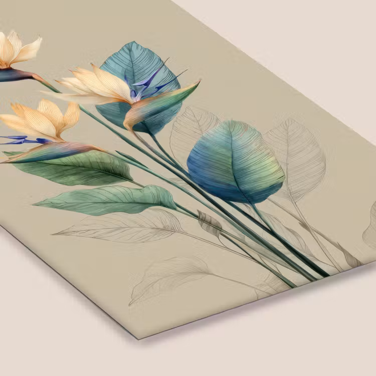 Paradijsvogelbloemen - Blauwgroene bladeren - Beige fotolijst zwart zonder passe partout klein -zsfeer6