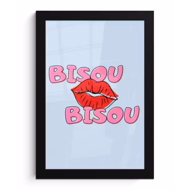 Bisou - Blauw - Roze - Lippen fotolijst zwart zonder passe partout klein -3d