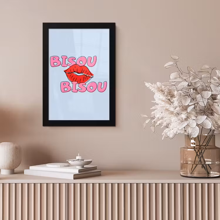 Bisou - Blauw - Roze - Lippen fotolijst zwart zonder passe partout klein -sfeer5