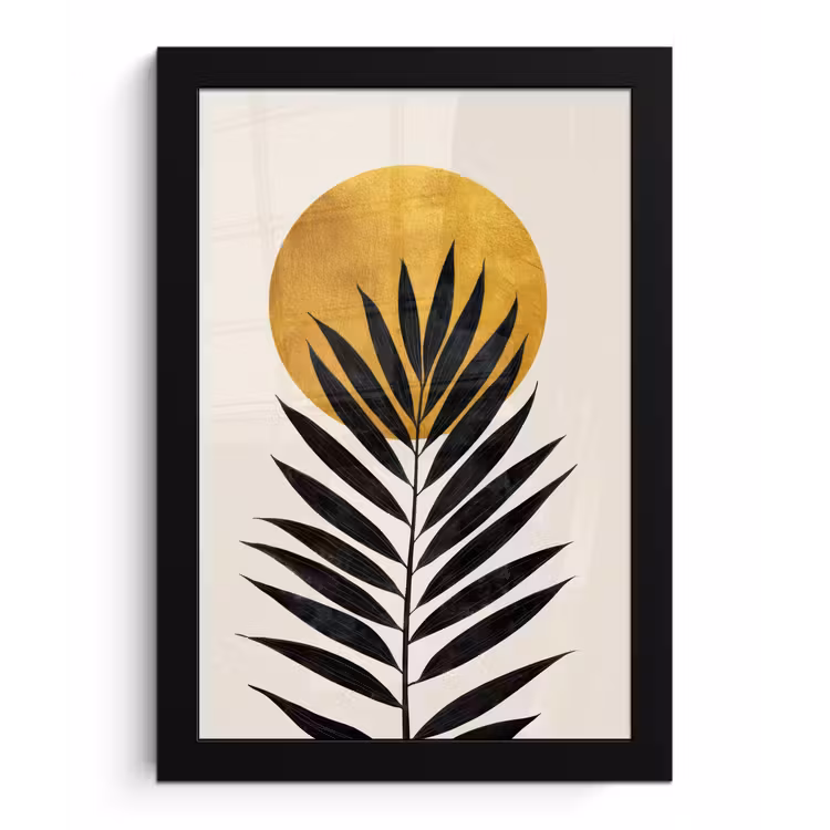 Zwart palmblad - Gouden cirkel - Beige achtergrond fotolijst zwart zonder passe partout klein -3d
