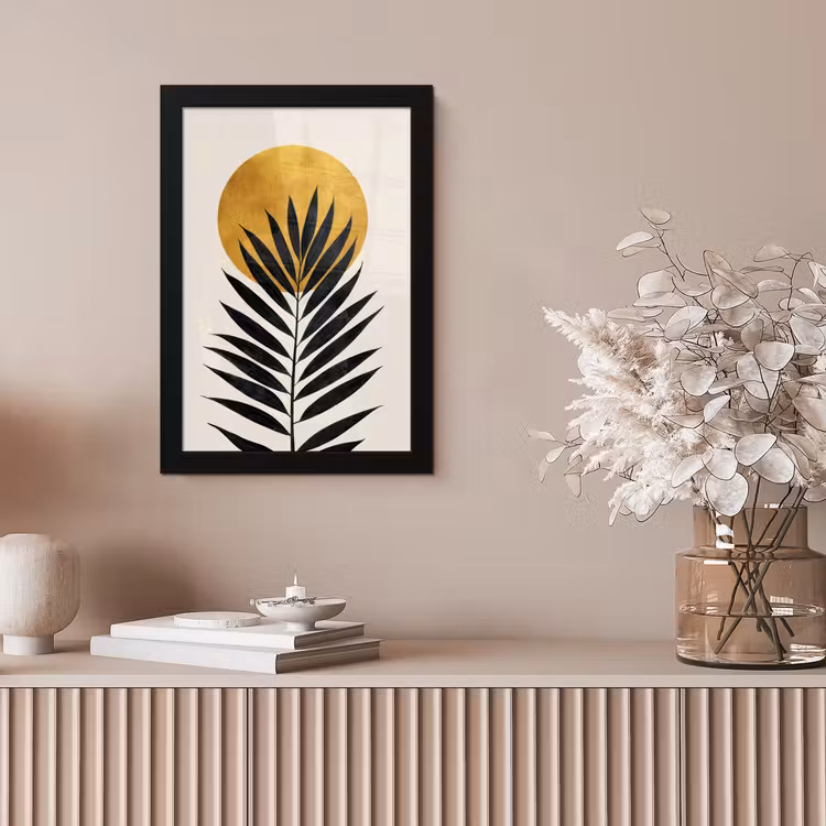 Zwart palmblad - Gouden cirkel - Beige achtergrond fotolijst zwart zonder passe partout klein -sfeer5