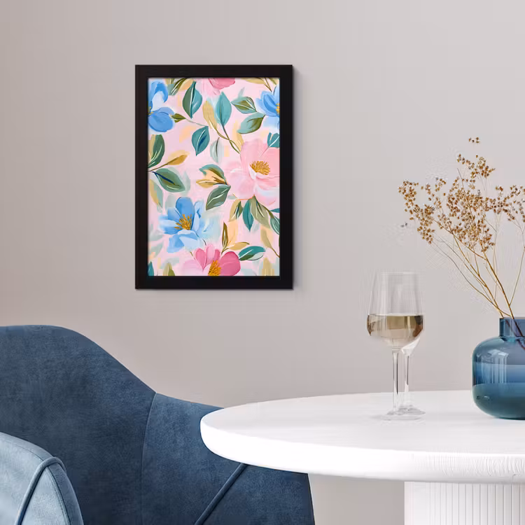 Blauw - Roze - Bloemen fotolijst zwart zonder passe partout klein -sfeer4