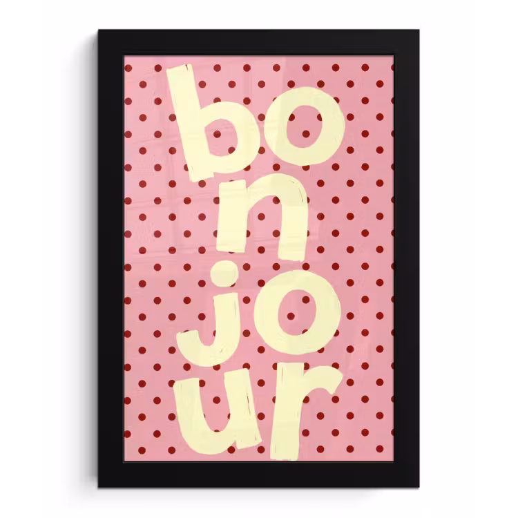 Bonjour - Stippen - Roze- Geel fotolijst zwart zonder passe partout klein -3d