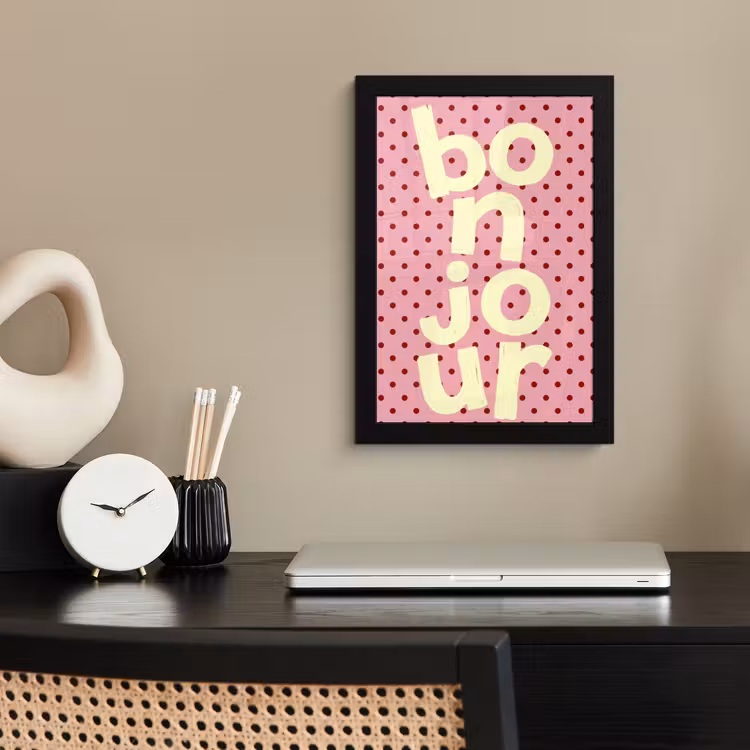 Bonjour - Stippen - Roze- Geel fotolijst zwart zonder passe partout klein -sfeer1