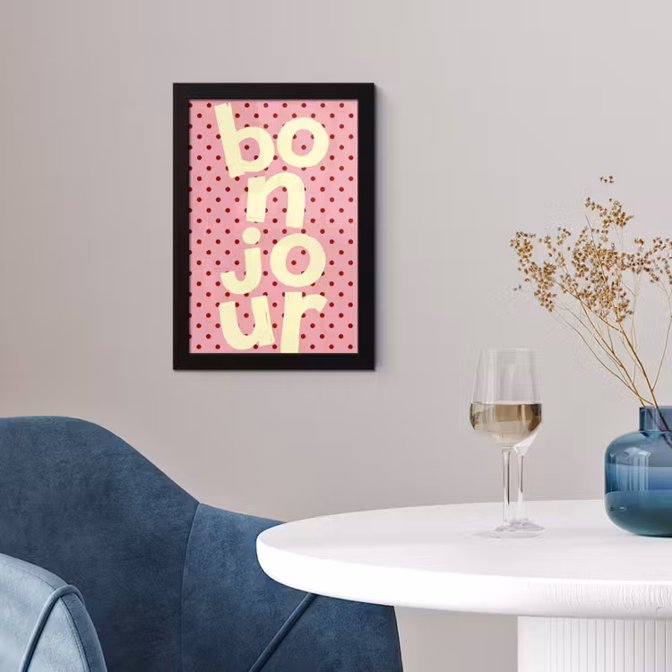 Bonjour - Stippen - Roze- Geel fotolijst zwart zonder passe partout klein -sfeer4