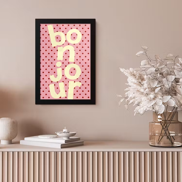 Bonjour - Stippen - Roze- Geel fotolijst zwart zonder passe partout klein -sfeer5