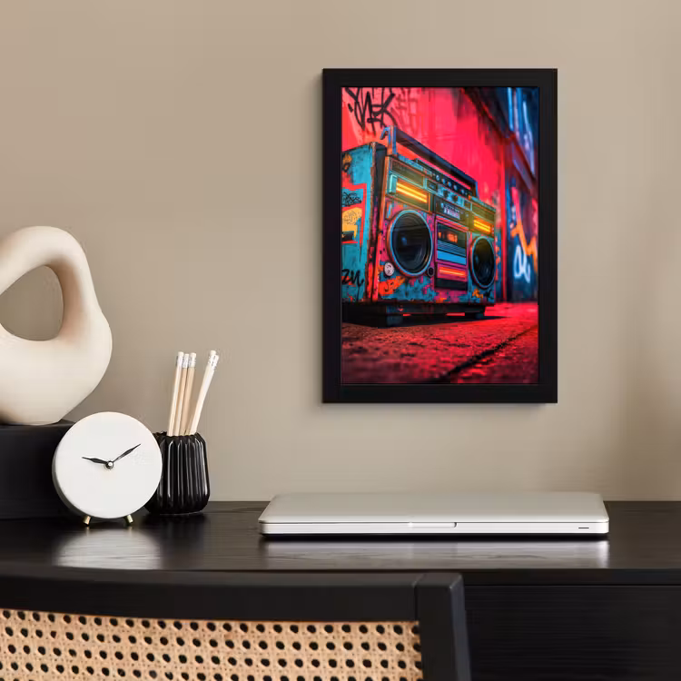 Boombox - Rood - Graffiti - Neon fotolijst zwart zonder passe partout klein -sfeer1