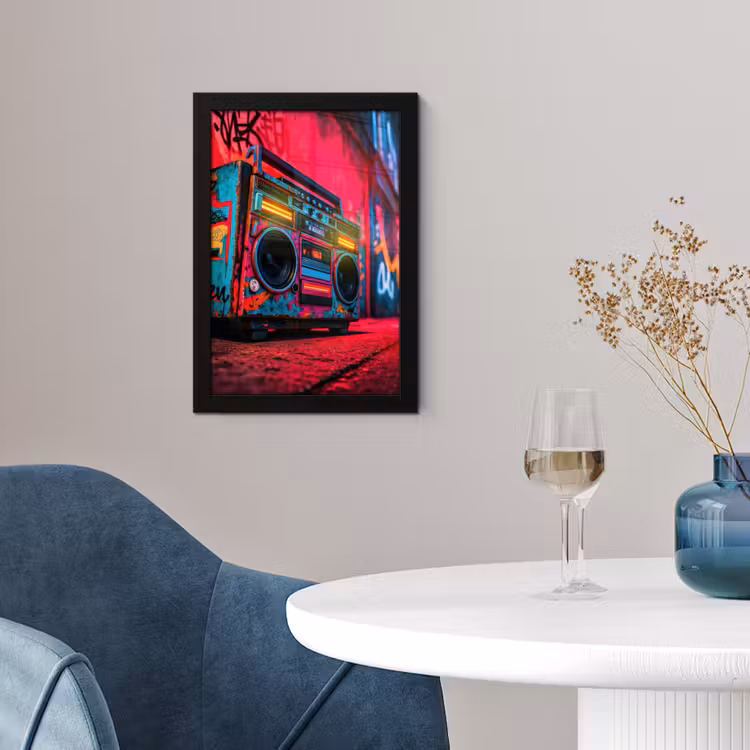 Boombox - Rood - Graffiti - Neon fotolijst zwart zonder passe partout klein -sfeer4
