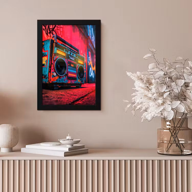 Boombox - Rood - Graffiti - Neon fotolijst zwart zonder passe partout klein -sfeer5
