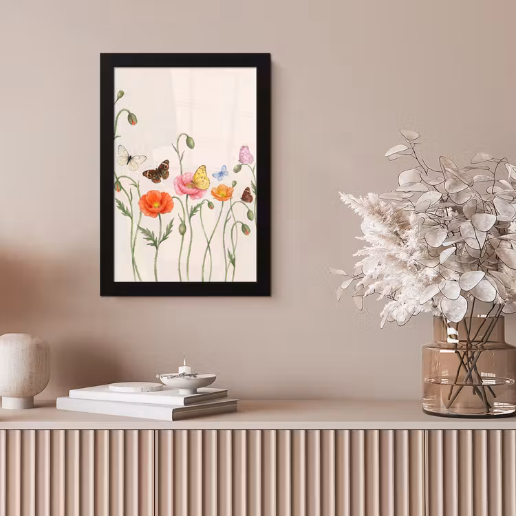Vlinders - Klaprozen - Illustratie - Kleurrijk fotolijst zwart zonder passe partout klein -sfeer5