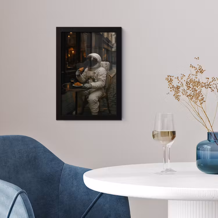 Café - Croissant - Koffie - Astronaut fotolijst zwart zonder passe partout klein -sfeer4