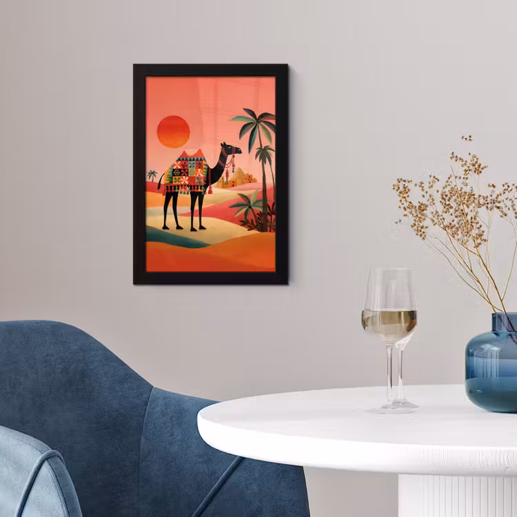 Kameel - Gekleurd tapijt - Duinen - Rode zon fotolijst zwart zonder passe partout klein -sfeer4