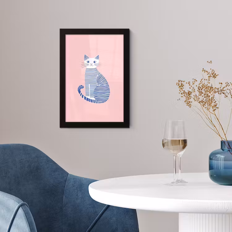 Kat - Illustratie - Minimalistisch - Roze fotolijst zwart zonder passe partout klein -sfeer4