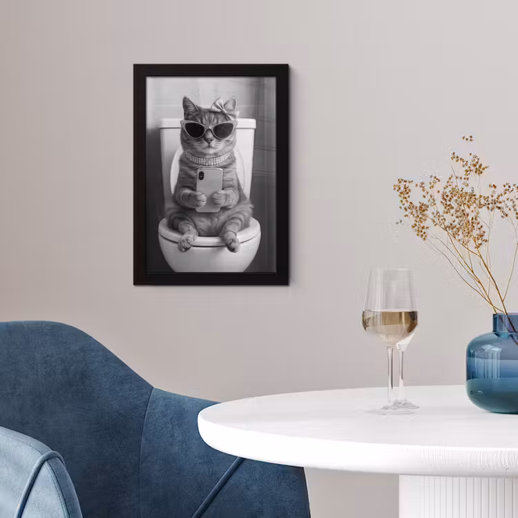 Kat - Telefoon - Toilet - Zwart - Wit fotolijst zwart zonder passe partout klein -sfeer4