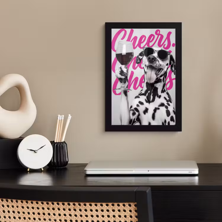 Cheers - Hond - Roze - Wijn fotolijst zwart zonder passe partout klein -sfeer1