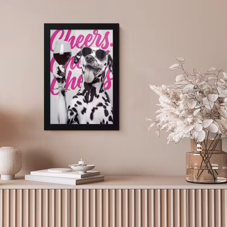 Cheers - Hond - Roze - Wijn fotolijst zwart zonder passe partout klein -sfeer5
