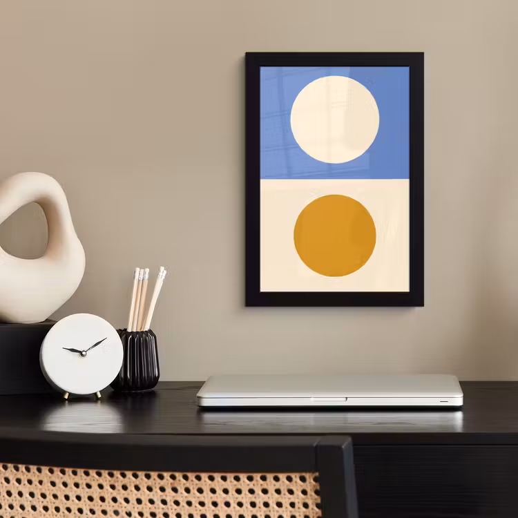 Cirkels - Symmetrisch - Wit - Blauw- Geel fotolijst zwart zonder passe partout klein -sfeer1