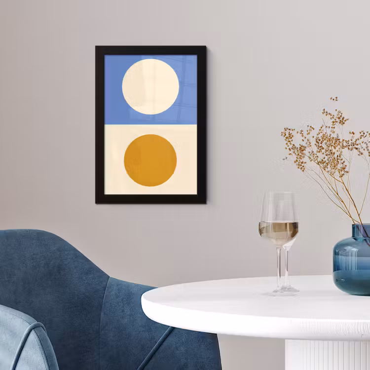 Cirkels - Symmetrisch - Wit - Blauw- Geel fotolijst zwart zonder passe partout klein -sfeer4