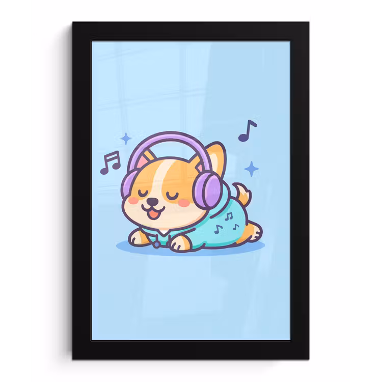 Corgi - Koptelefoon - Blauw - Muzieknoten fotolijst zwart zonder passe partout klein -3d