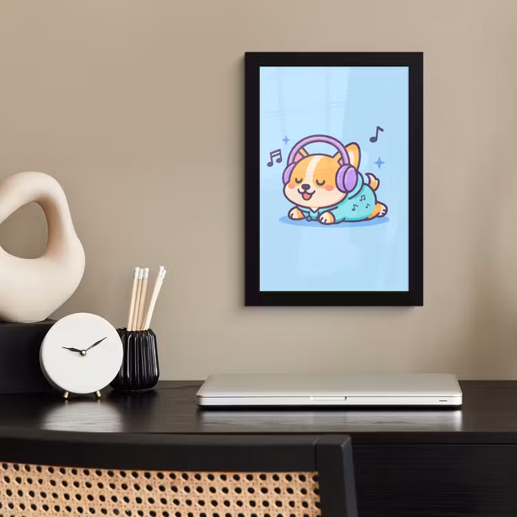 Corgi - Koptelefoon - Blauw - Muzieknoten fotolijst zwart zonder passe partout klein -sfeer1