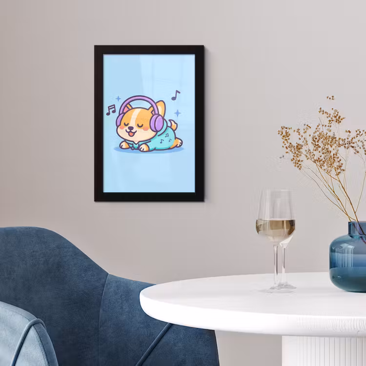 Corgi - Koptelefoon - Blauw - Muzieknoten fotolijst zwart zonder passe partout klein -sfeer4