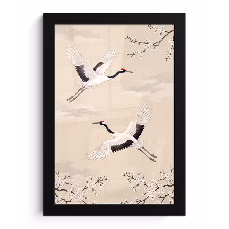Kraanvogels - Bloesem - Beige fotolijst zwart zonder passe partout klein -3d