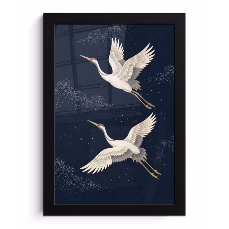 Kraanvogels - Nachthemel - Blauw fotolijst zwart zonder passe partout klein -3d