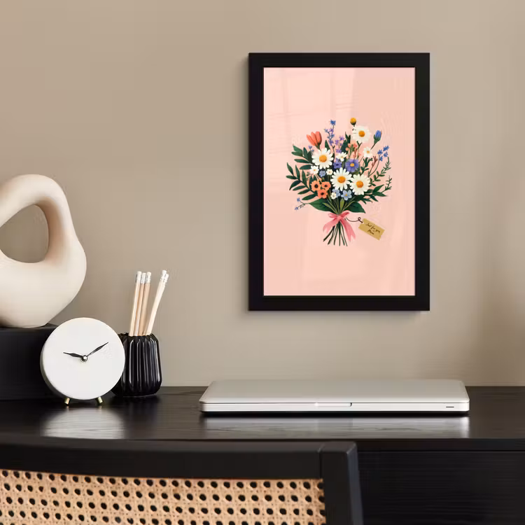 Margrieten - Boeket - Strikje - Roze fotolijst zwart zonder passe partout klein -sfeer1