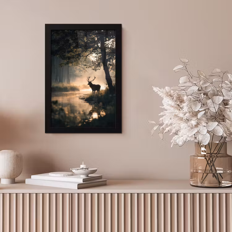 Hert - Bosbeek - Mystiek fotolijst zwart zonder passe partout klein -sfeer5