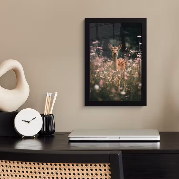 Hert - Wilde bloemen - Bos fotolijst zwart zonder passe partout klein -sfeer1