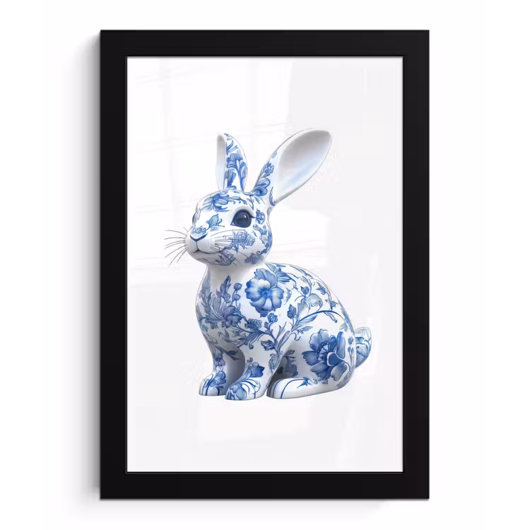 Delftsblauw - Haasje - Wit fotolijst zwart zonder passe partout klein -3d