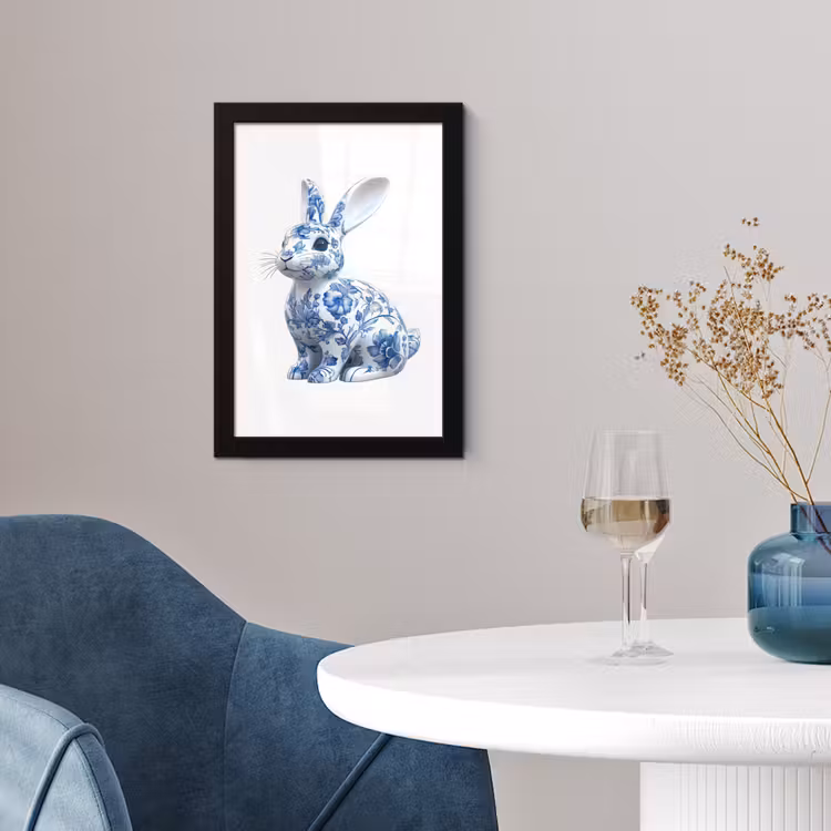 Delftsblauw - Haasje - Wit fotolijst zwart zonder passe partout klein -sfeer4