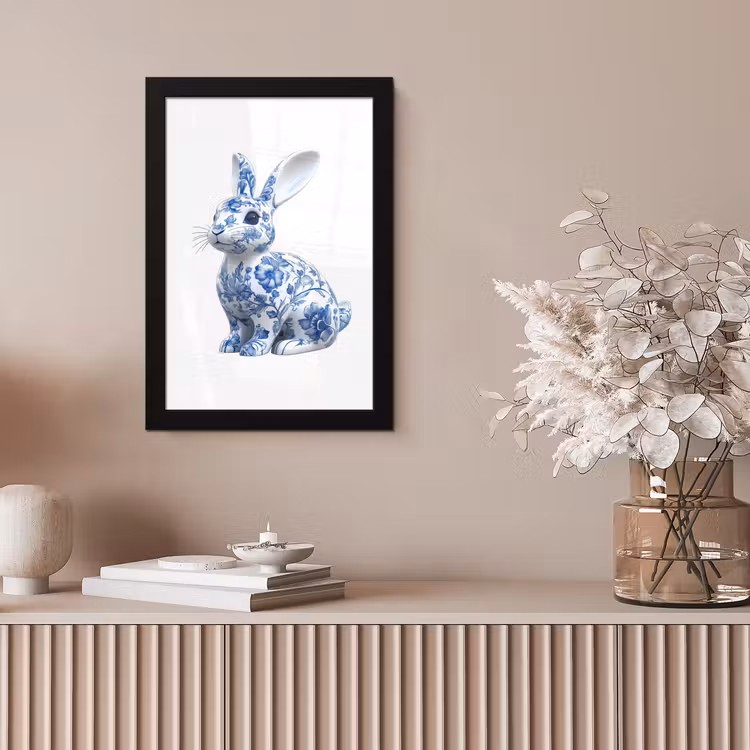 Delftsblauw - Haasje - Wit fotolijst zwart zonder passe partout klein -sfeer5