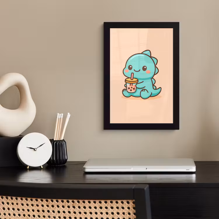 Dino - Boba - kawaii - Oranje fotolijst zwart zonder passe partout klein -sfeer1