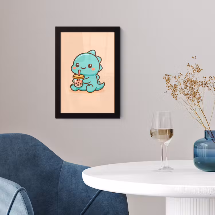 Dino - Boba - kawaii - Oranje fotolijst zwart zonder passe partout klein -sfeer4
