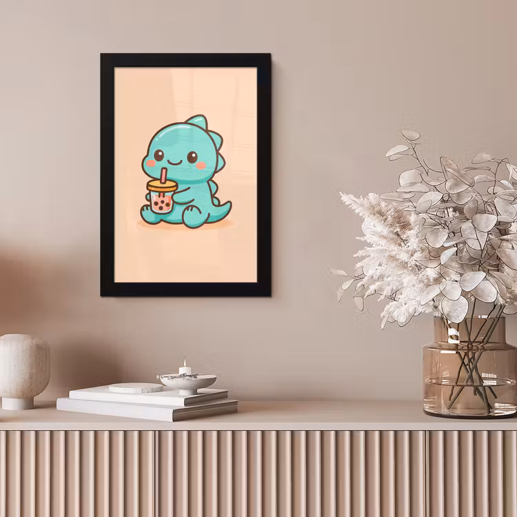 Dino - Boba - kawaii - Oranje fotolijst zwart zonder passe partout klein -sfeer5